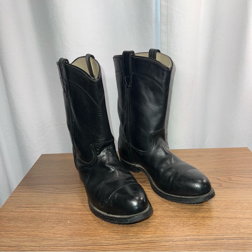 Men’s Black Leather Western Cowboy Boots Round Toe Size 8.5